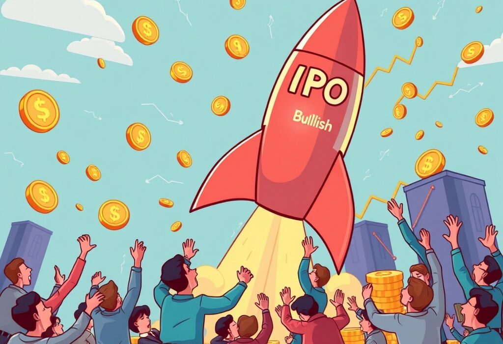 A cartoon illustration showing the immense demand for the Bullish IPO, with a rocket launching, symbolizing rapid growth and investor excitement in the crypto market.