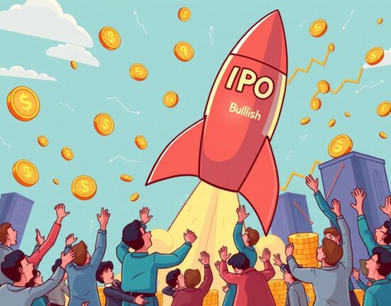 A cartoon illustration showing the immense demand for the Bullish IPO, with a rocket launching, symbolizing rapid growth and investor excitement in the crypto market.