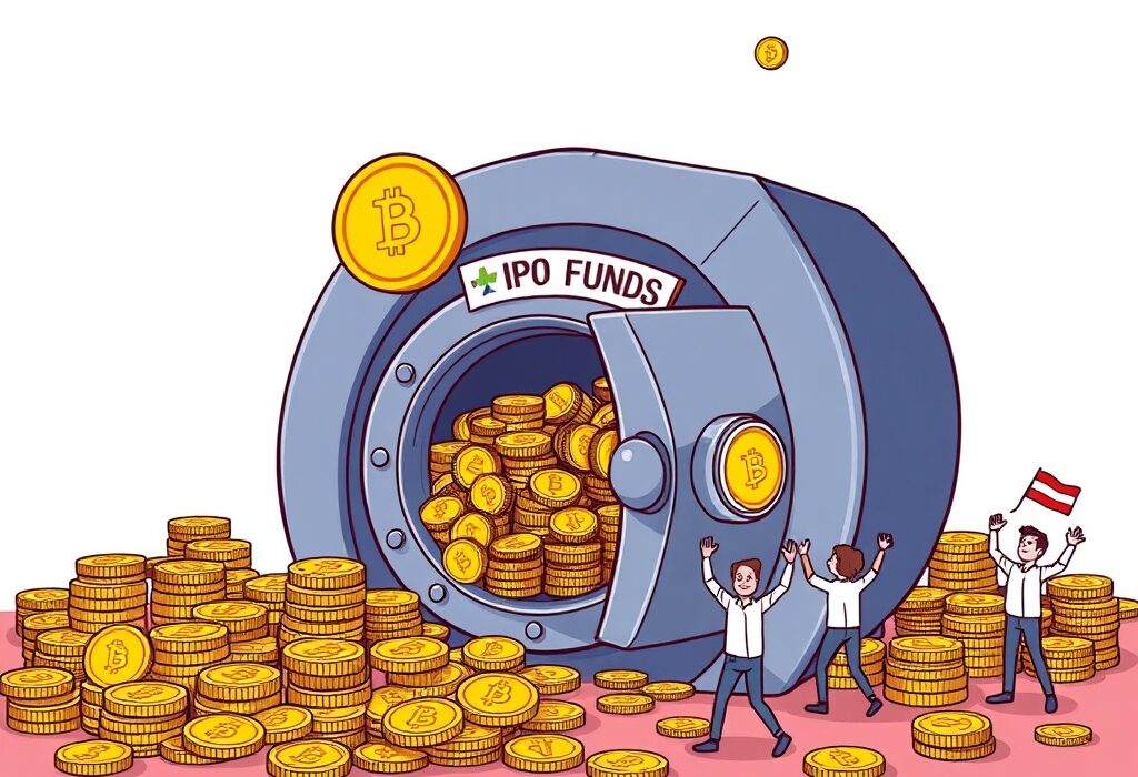A cartoon illustration depicting the transfer of Bullish IPO stablecoins, symbolizing a significant financial innovation in the digital asset space.