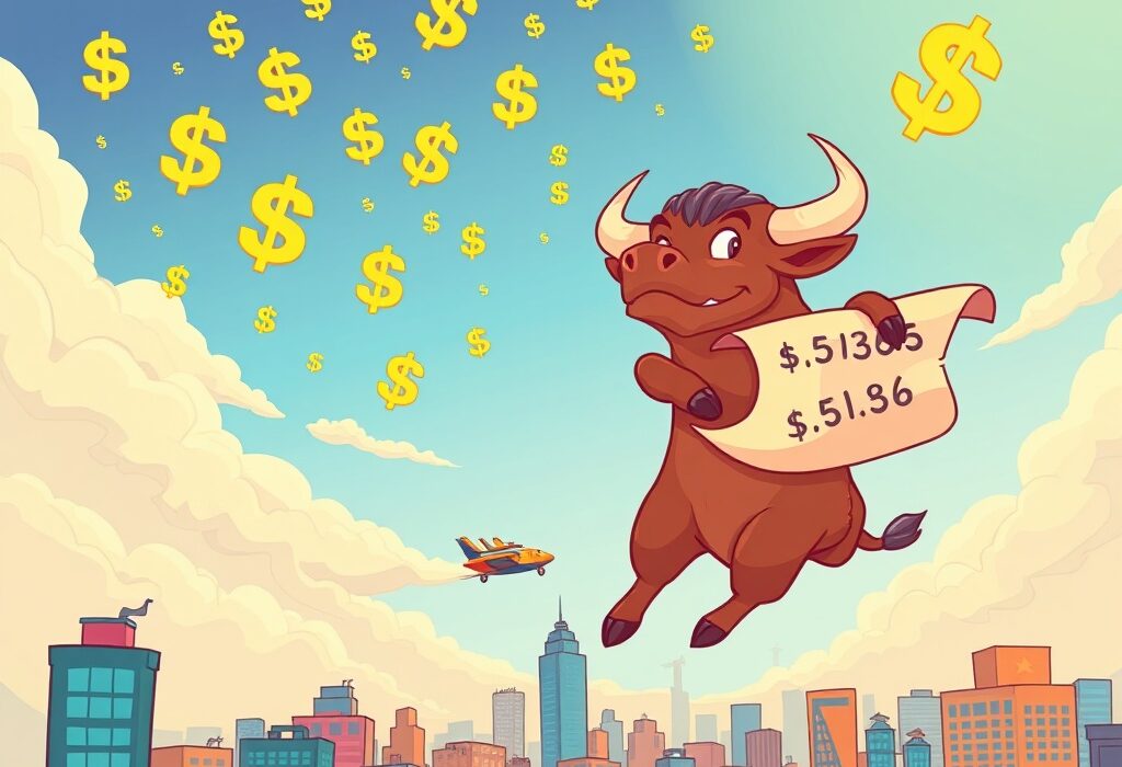 A cartoon bull soaring, symbolizing the Bullish IPO's impressive valuation increase and growth in the digital asset market.