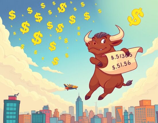 A cartoon bull soaring, symbolizing the Bullish IPO's impressive valuation increase and growth in the digital asset market.