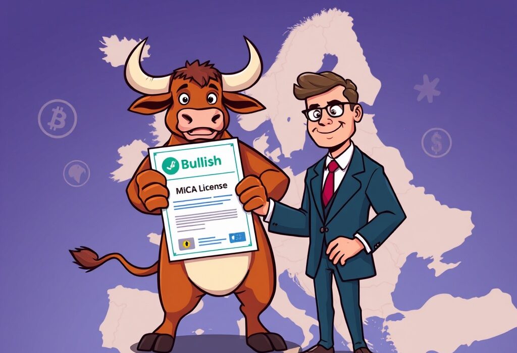 Cartoon bull celebrating MiCA license approval in Europe, symbolizing regulatory clarity and market expansion for crypto services.