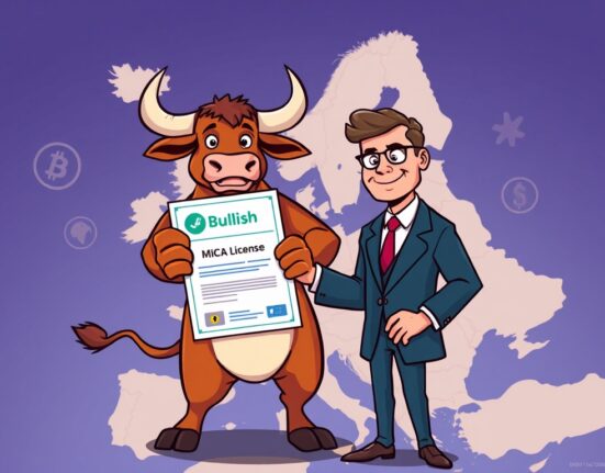 Cartoon bull celebrating MiCA license approval in Europe, symbolizing regulatory clarity and market expansion for crypto services.