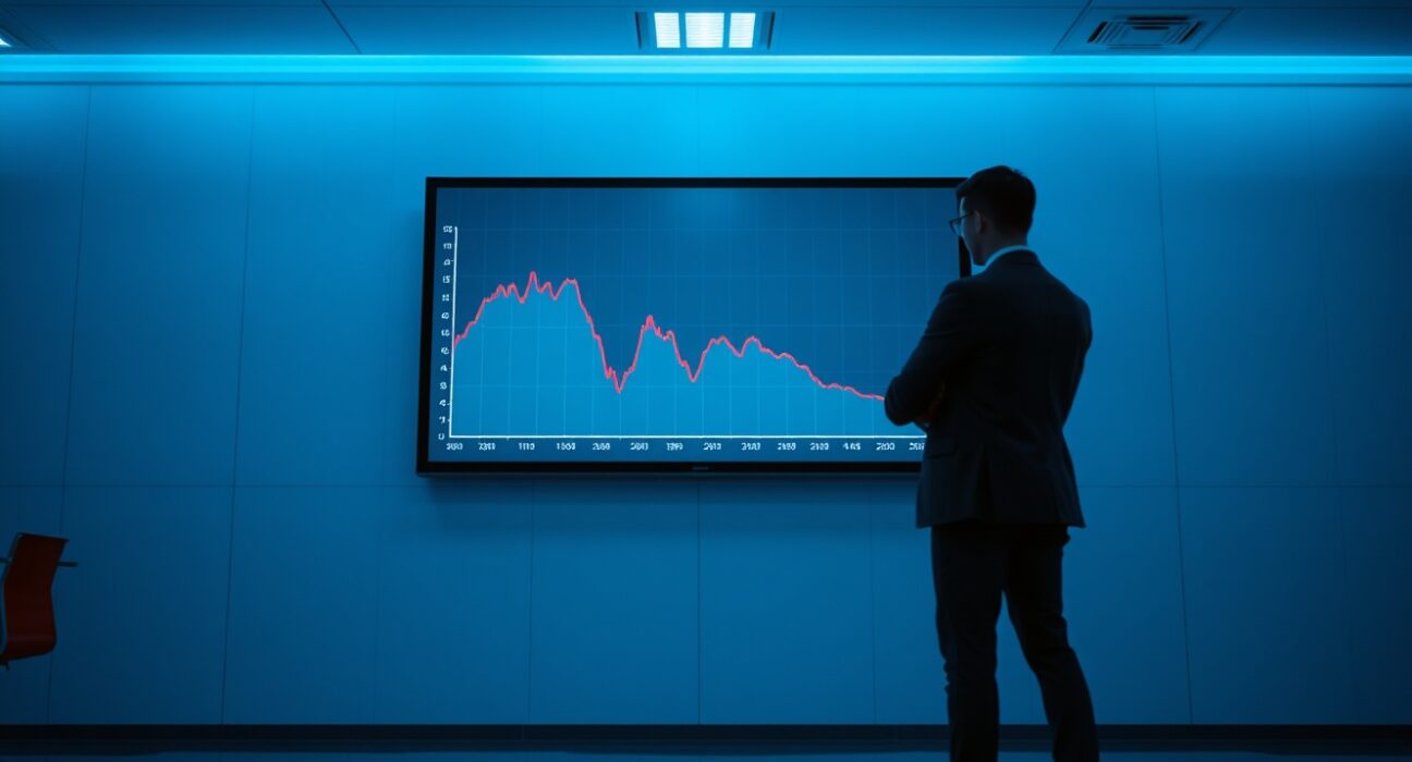 A downward-trending financial graph on a screen in a modern trading office with a silhouetted analyst observing.