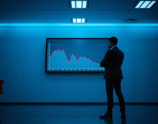 A downward-trending financial graph on a screen in a modern trading office with a silhouetted analyst observing.