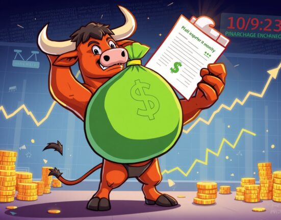 A cartoon bull celebrating significant financial gains, symbolizing Bullish Q2 net income success and a strong profit turnaround.