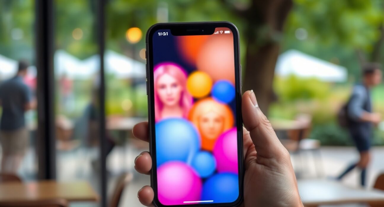 Hand holding a smartphone with a blurred dating app interface, symbolizing Bumble's upcoming redesign and removal of swiping.