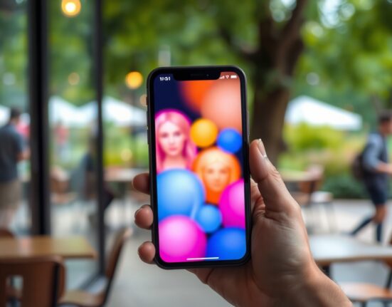 Hand holding a smartphone with a blurred dating app interface, symbolizing Bumble's upcoming redesign and removal of swiping.