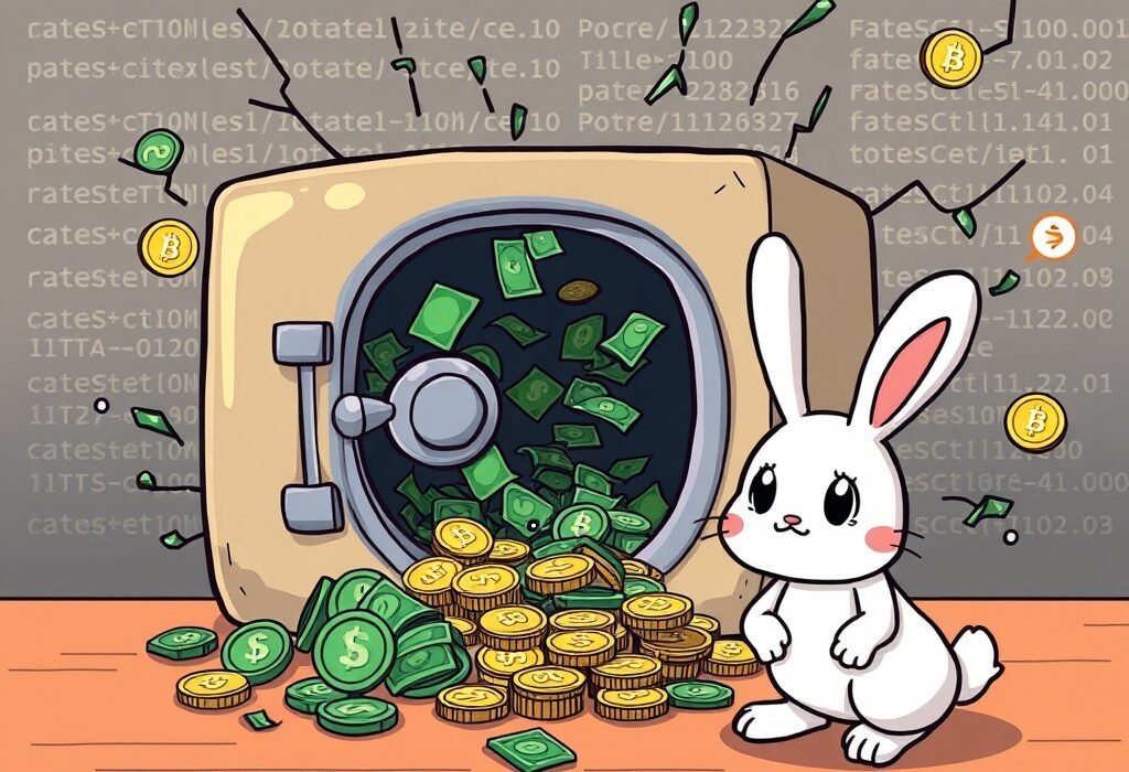 A cartoon illustration showing the aftermath of a Bunni DEX hack, with digital assets scattered and security vulnerabilities highlighted.