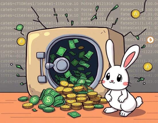 A cartoon illustration showing the aftermath of a Bunni DEX hack, with digital assets scattered and security vulnerabilities highlighted.