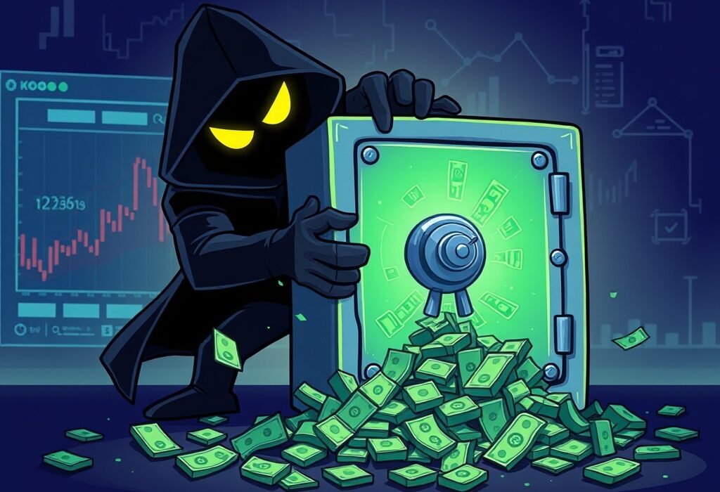 A cartoon illustration showing the aftermath of a Bunni DEX hack, with digital currency scattered and a broken smart contract icon.