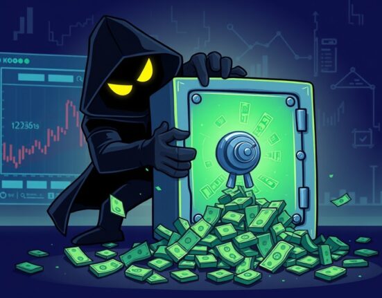 A cartoon illustration showing the aftermath of a Bunni DEX hack, with digital currency scattered and a broken smart contract icon.