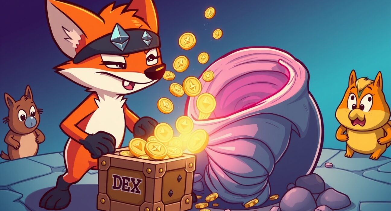 Cartoon illustration of the Bunni DEX hacker laundering stolen Ethereum into a crypto mixer.