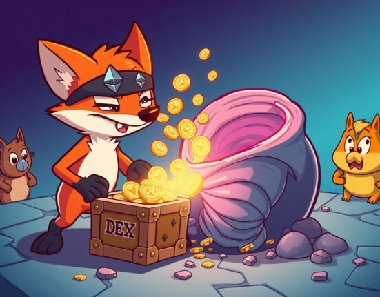 Cartoon illustration of the Bunni DEX hacker laundering stolen Ethereum into a crypto mixer.