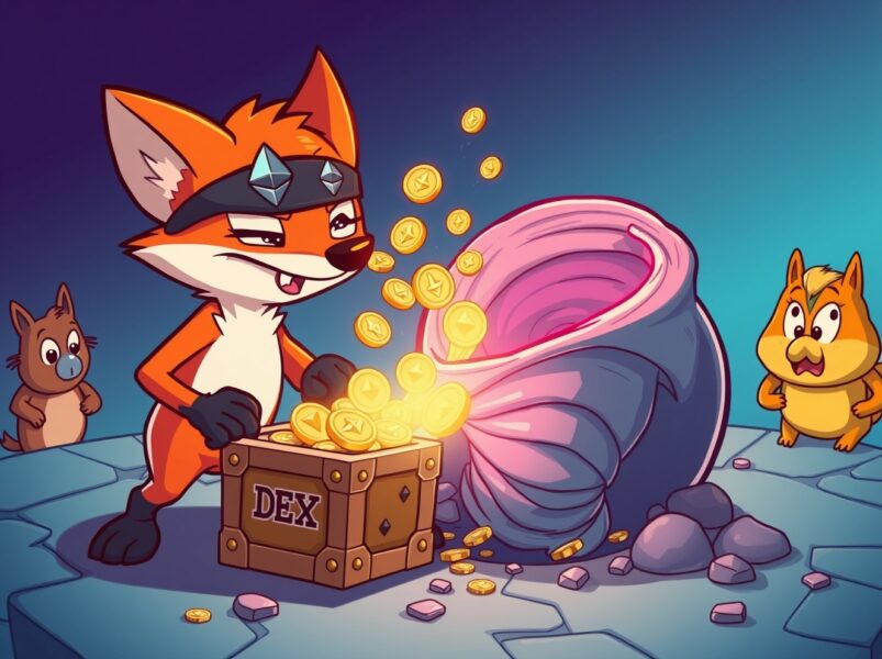 Cartoon illustration of the Bunni DEX hacker laundering stolen Ethereum into a crypto mixer.