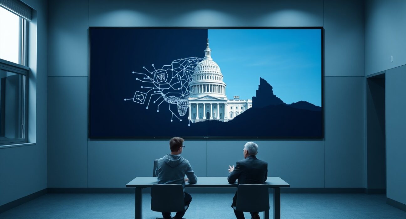 Vitalik Buterin and Bernie Sanders in a conference room discussing AI regulation and nationalization