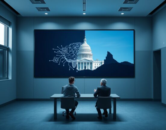 Vitalik Buterin and Bernie Sanders in a conference room discussing AI regulation and nationalization
