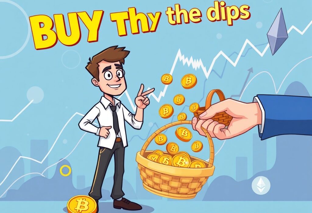 Cartoon illustration depicting a successful trader advocating to buy the dips in the crypto market, highlighting a strategic approach to investment.