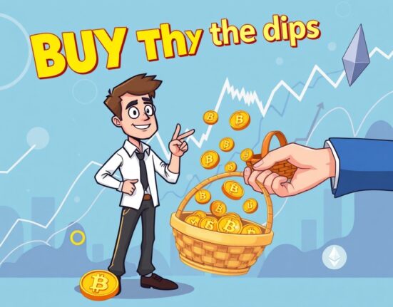 Cartoon illustration depicting a successful trader advocating to buy the dips in the crypto market, highlighting a strategic approach to investment.