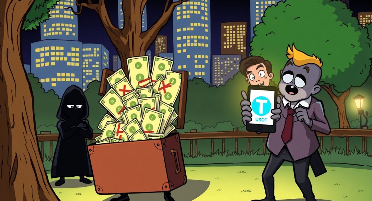Cartoon of a shocking attempt to buy Tether cryptocurrency with counterfeit money in a city park.