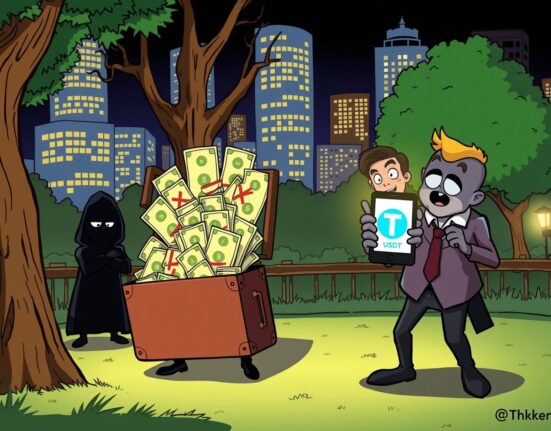 Cartoon of a shocking attempt to buy Tether cryptocurrency with counterfeit money in a city park.