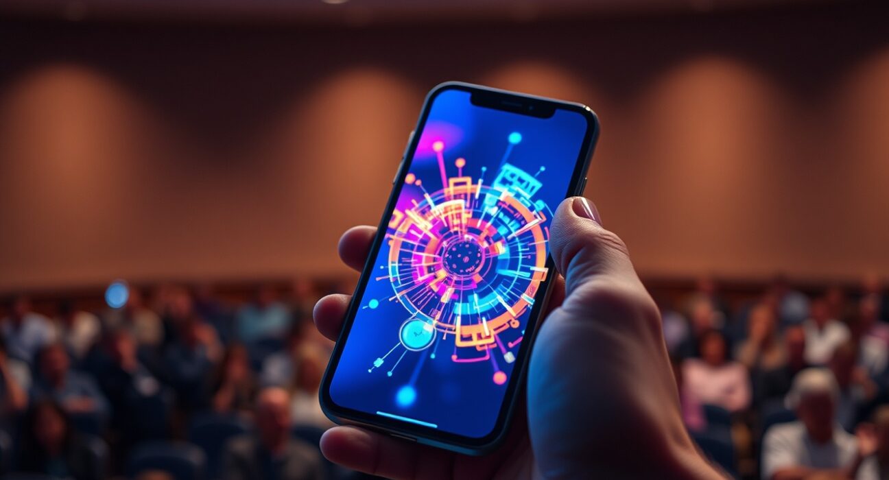 BuzzFeed AI app demonstration on a smartphone at the SXSW conference.
