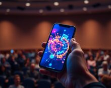 BuzzFeed AI app demonstration on a smartphone at the SXSW conference.