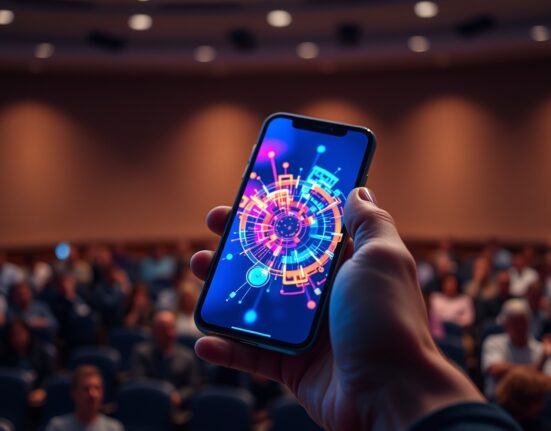 BuzzFeed AI app demonstration on a smartphone at the SXSW conference.