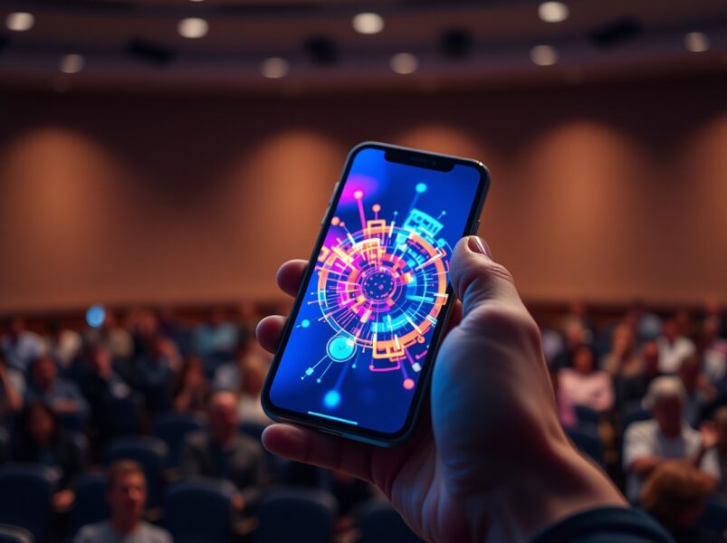 BuzzFeed AI app demonstration on a smartphone at the SXSW conference.