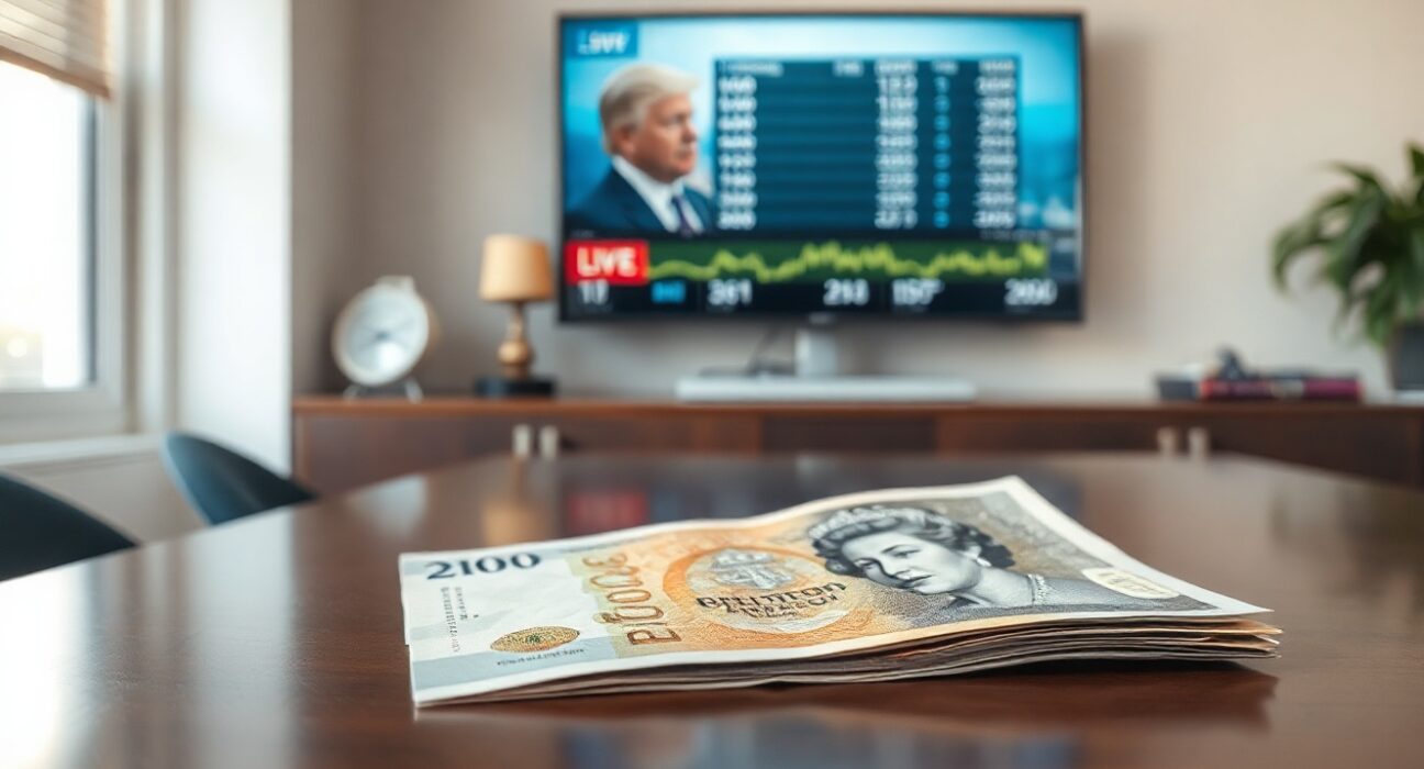 British Pound banknote on table with blurred election news screen in background