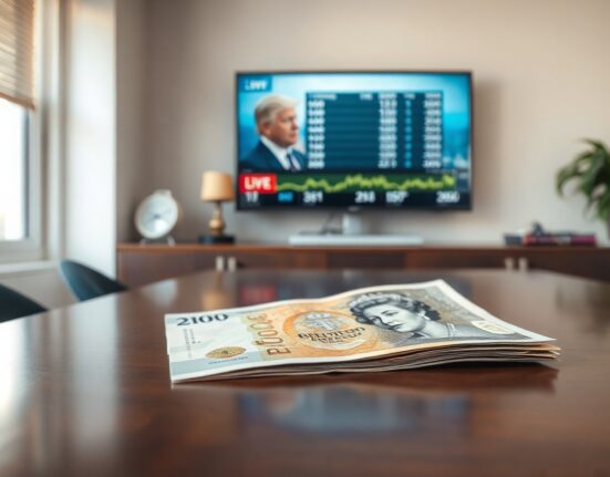 British Pound banknote on table with blurred election news screen in background