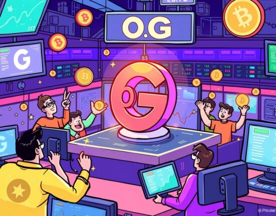 Cartoon illustration of the Bybit exchange platform celebrating the new Bybit 0G listing, symbolizing fresh trading opportunities.