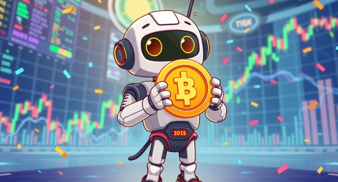 A vibrant cartoon illustration celebrating the ALMANAK spot listing on Bybit exchange with digital tokens and trading charts.