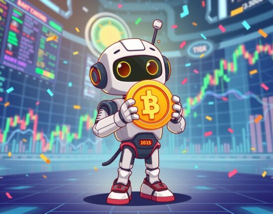 A vibrant cartoon illustration celebrating the ALMANAK spot listing on Bybit exchange with digital tokens and trading charts.