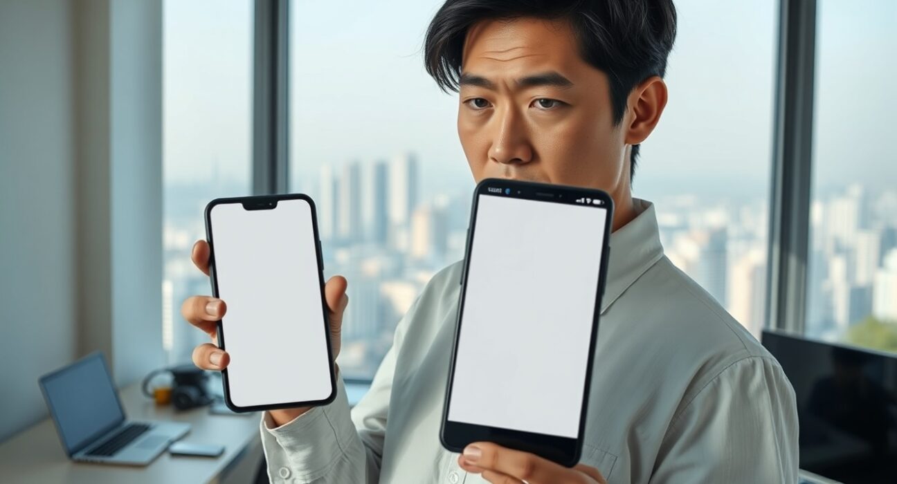 Person holding smartphone with blank screen in Seoul apartment, reflecting Bybit app removal from Google Play Store in South Korea.