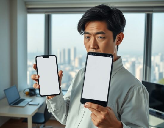 Person holding smartphone with blank screen in Seoul apartment, reflecting Bybit app removal from Google Play Store in South Korea.