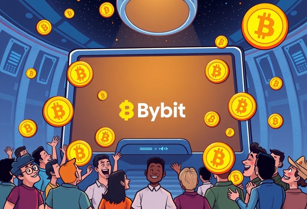 A cartoon illustration showing the excitement around the Bybit ART listing on a futuristic trading platform, symbolizing new crypto opportunities.