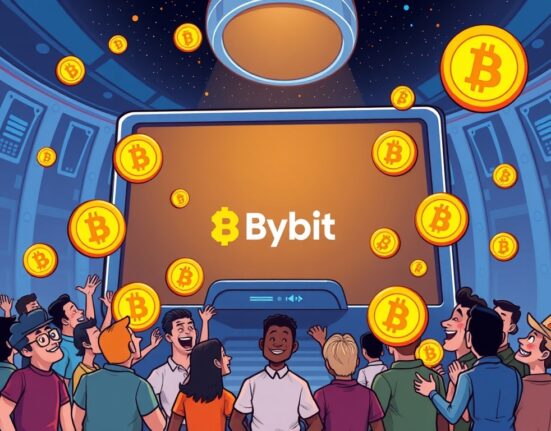 A cartoon illustration showing the excitement around the Bybit ART listing on a futuristic trading platform, symbolizing new crypto opportunities.