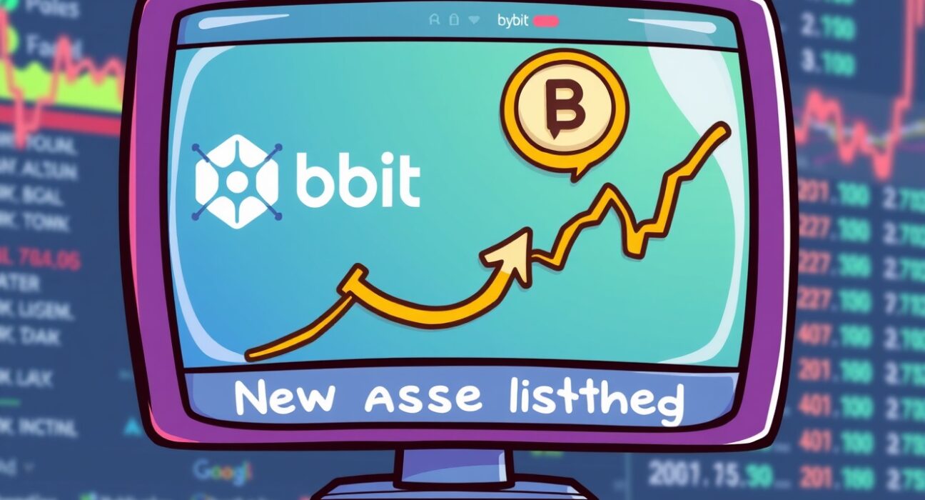 A vibrant cartoon illustration of a digital exchange interface with the Bybit logo and a BARD token icon, symbolizing the upcoming Bybit BARD listing event.