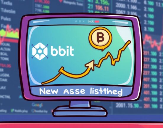 A vibrant cartoon illustration of a digital exchange interface with the Bybit logo and a BARD token icon, symbolizing the upcoming Bybit BARD listing event.