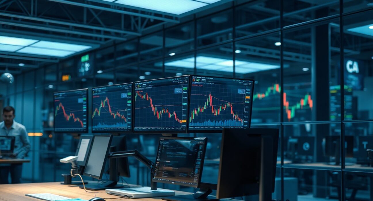 Trading desk monitors showing Bitcoin and Ethereum price charts with low volatility indicators
