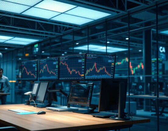 Trading desk monitors showing Bitcoin and Ethereum price charts with low volatility indicators