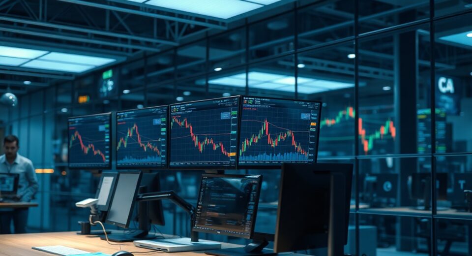 Trading desk monitors showing Bitcoin and Ethereum price charts with low volatility indicators