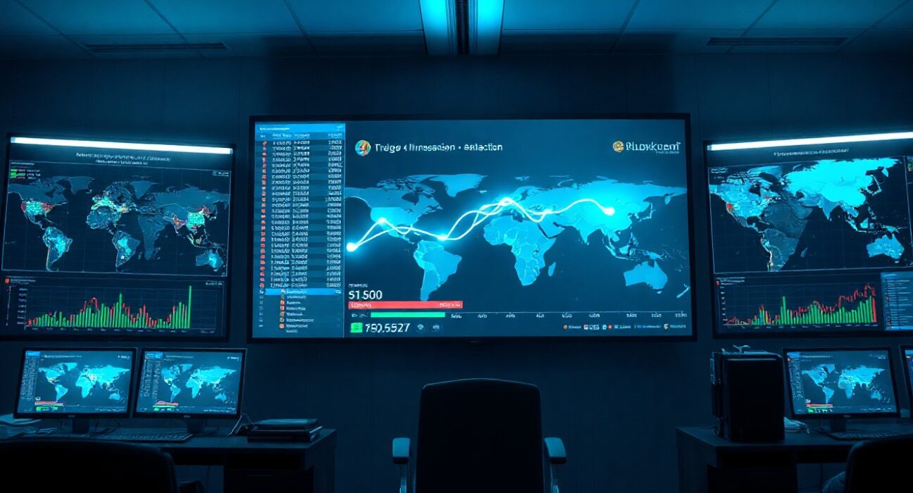 Bybit exchange office with screens showing blockchain tracking data related to North Korea hack investigation