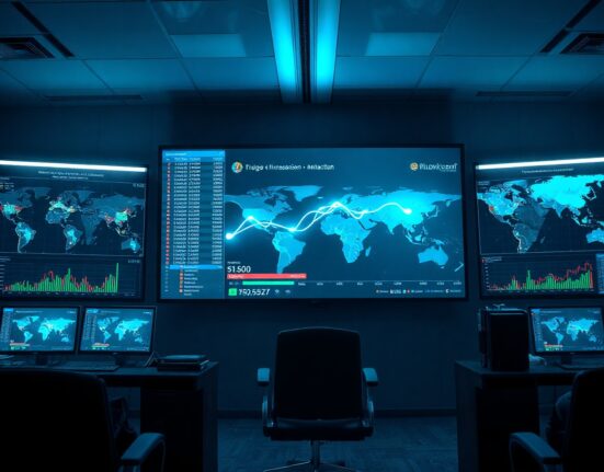 Bybit exchange office with screens showing blockchain tracking data related to North Korea hack investigation