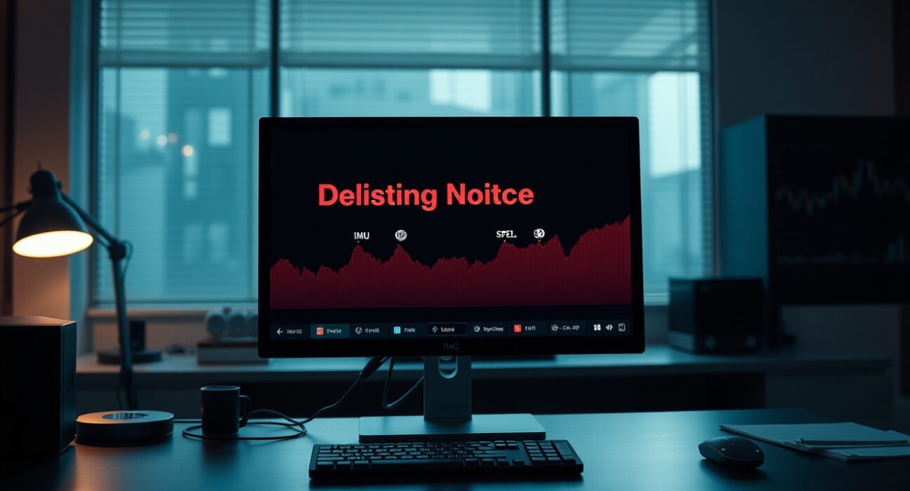 Crypto trading monitor showing Bybit delisting notice for IMU, PENGUIN, and SPELL tokens