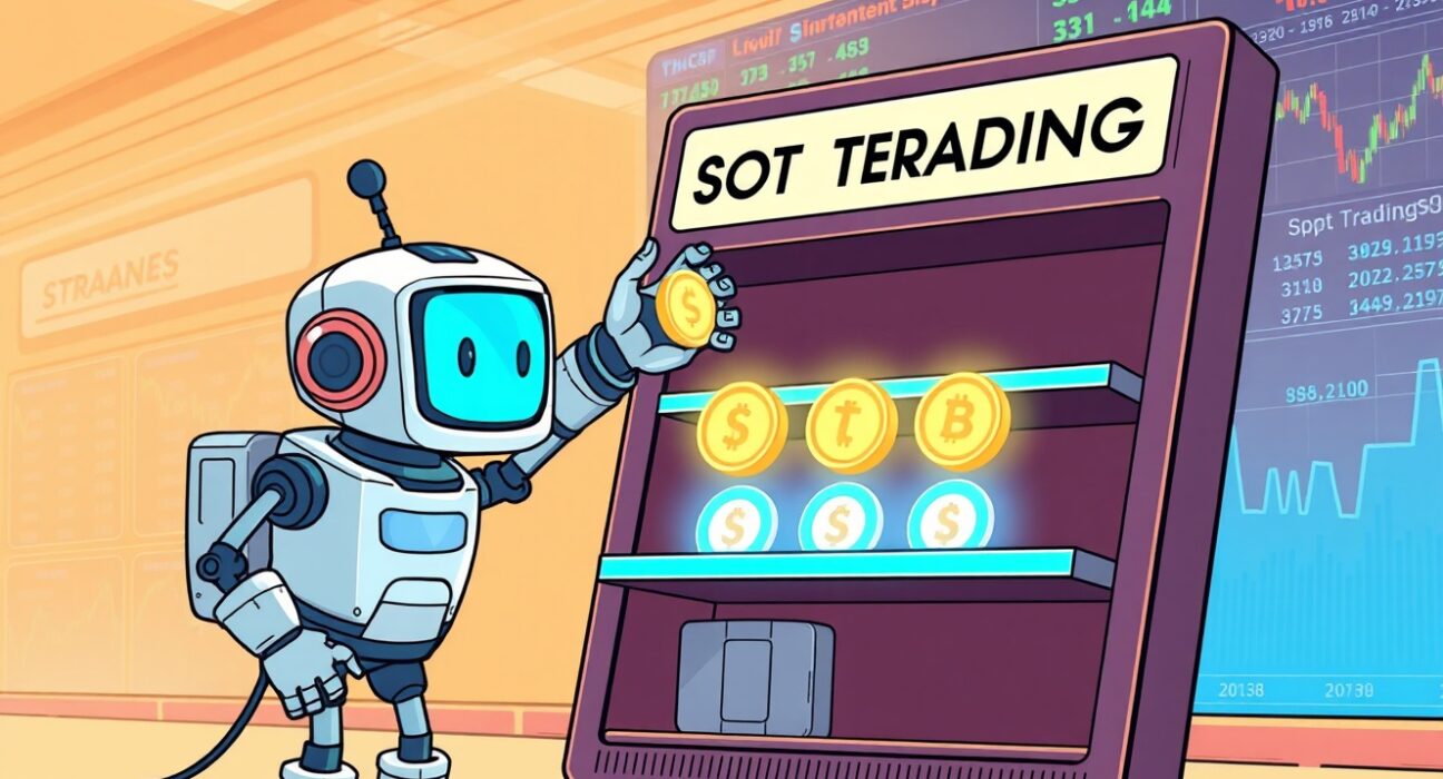 A cartoon robot delisting tokens on the Bybit cryptocurrency exchange platform.