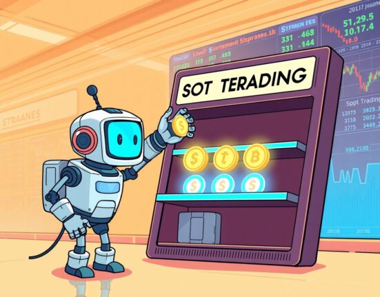 A cartoon robot delisting tokens on the Bybit cryptocurrency exchange platform.