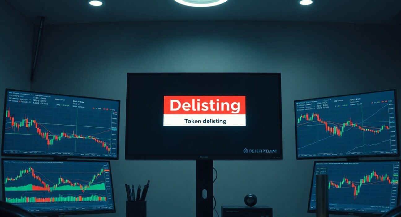 Cryptocurrency trading monitors showing charts and a delisting alert at a trading desk