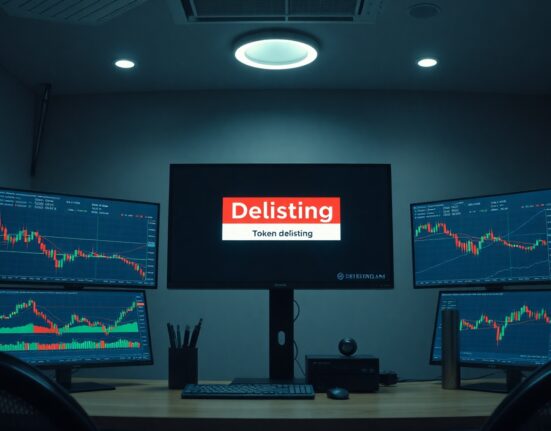 Cryptocurrency trading monitors showing charts and a delisting alert at a trading desk